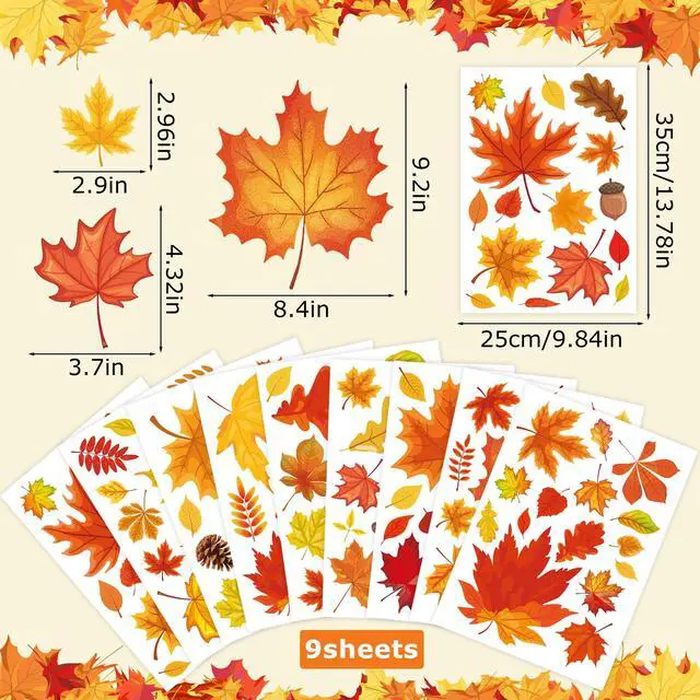 Alt view image 2 of 7 - 9 Sheets Fall Window Clings Fall Leaves Double-Sided Window Decals Cartoon Autumn Maple Leaf Pine Cone Static Windows Sticker for Thanksgiving Harvest Holiday Party Home School Office Shop Glass Decor