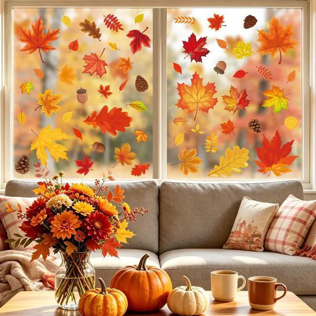 Alt view image 5 of 7 - 9 Sheets Fall Window Clings Fall Leaves Double-Sided Window Decals Cartoon Autumn Maple Leaf Pine Cone Static Windows Sticker for Thanksgiving Harvest Holiday Party Home School Office Shop Glass Decor