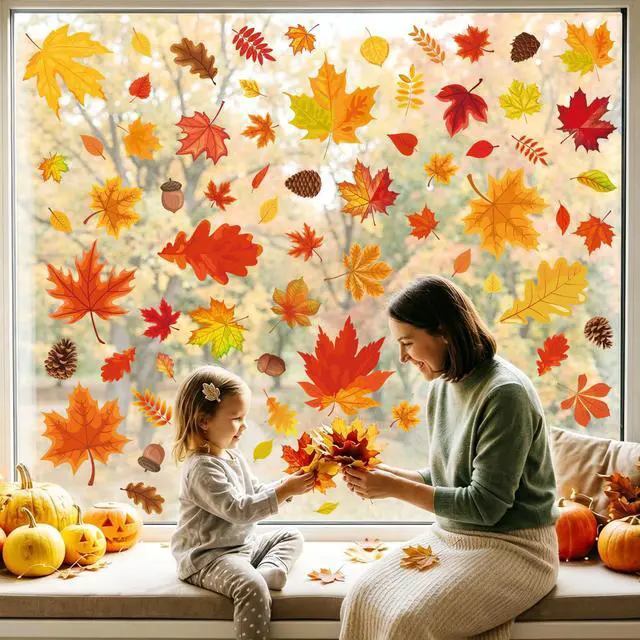 Alt view image 6 of 7 - 9 Sheets Fall Window Clings Fall Leaves Double-Sided Window Decals Cartoon Autumn Maple Leaf Pine Cone Static Windows Sticker for Thanksgiving Harvest Holiday Party Home School Office Shop Glass Decor