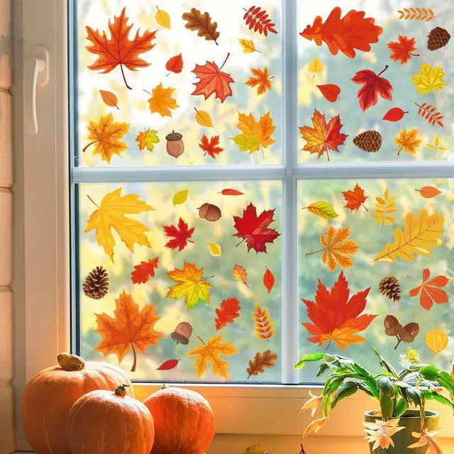 Alt view image 7 of 7 - 9 Sheets Fall Window Clings Fall Leaves Double-Sided Window Decals Cartoon Autumn Maple Leaf Pine Cone Static Windows Sticker for Thanksgiving Harvest Holiday Party Home School Office Shop Glass Decor