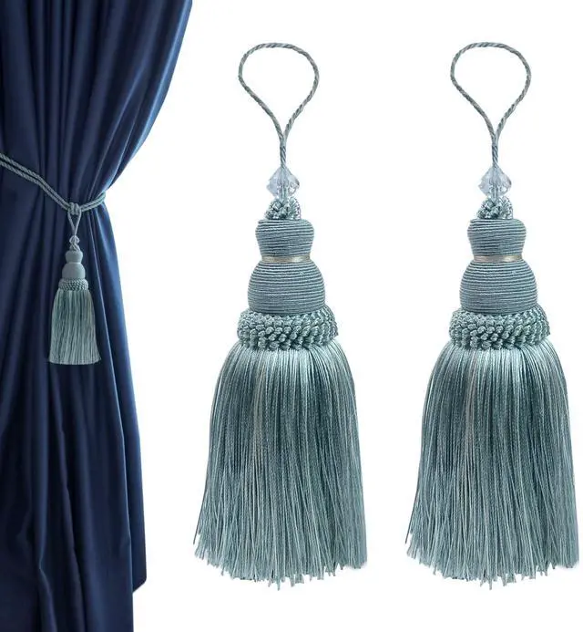 Main image of 2Pcs 9.2 Inch Curtain Tassel Tiebacks for Cabinets, Door Knobs(Haze Blue) | Silky Fringe Terylene Pendant, for Antique Furniture, Home Decoration, Curtain Tiebacks and Doors