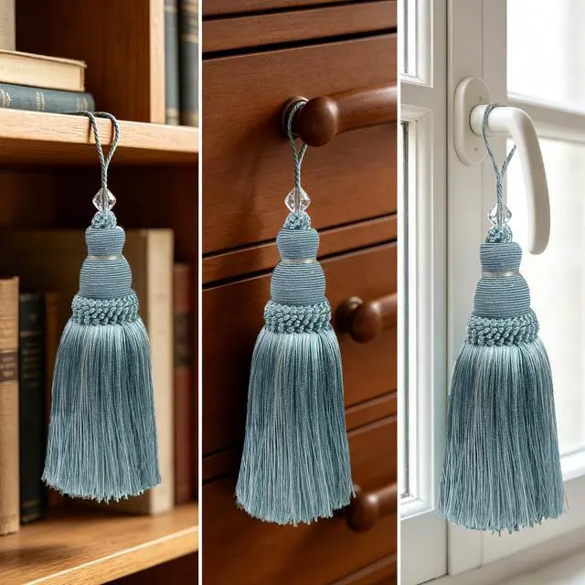 Alt view image 7 of 7 - 2Pcs 9.2 Inch Curtain Tassel Tiebacks for Cabinets, Door Knobs(Haze Blue) | Silky Fringe Terylene Pendant, for Antique Furniture, Home Decoration, Curtain Tiebacks and Doors