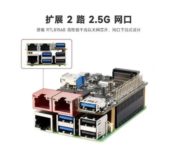 Alt view image 3 of 3 - Raspberry Pi 5 PCIe to USB3.2 expansion board with dual 2.5G Ethernet ports and M.2 NVMe hard drive protocol