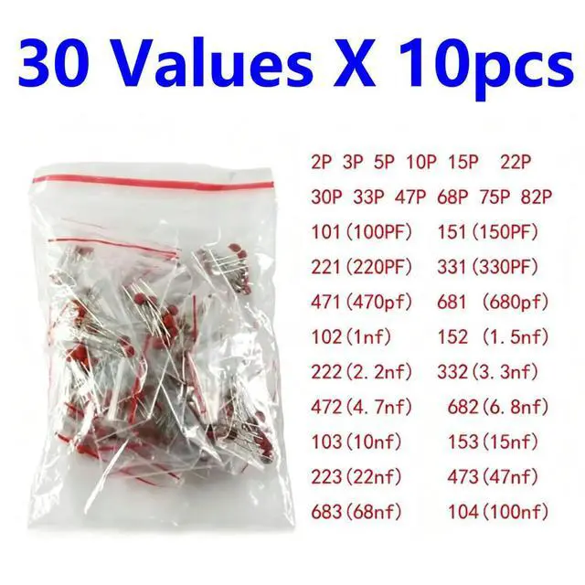 Alt view image 2 of 2 - 300pcs Ceramic Capacitor Set Pack 2PF-0.1UF 104 103 30 Valuesx10pcs Electronic Components Package Capacitor Assorted Kit Samp