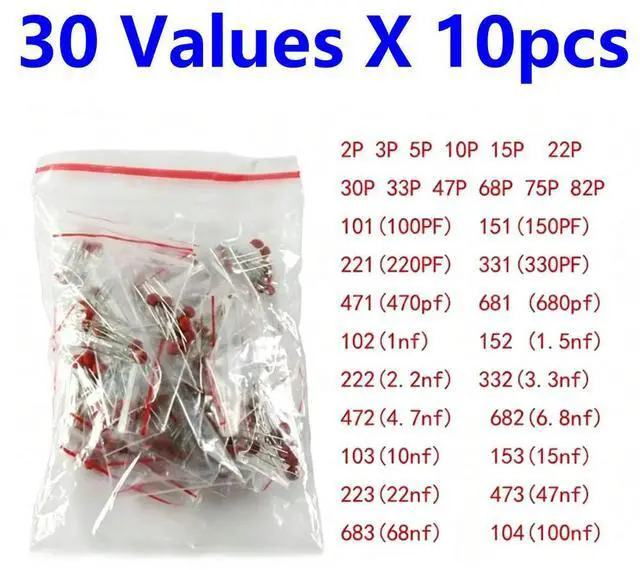 Main image of 300pcs Ceramic Capacitor Set Pack 2PF-0.1UF 104 103 30 Valuesx10pcs Electronic Components Package Capacitor Assorted Kit Samp
