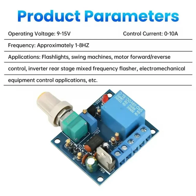 Alt view image 3 of 3 - Frequency-adjustable Switch Relay Circuit Board 10A Mixing Stroboscope Flash Lamp Swing Motor Forward and Reverse Rotation