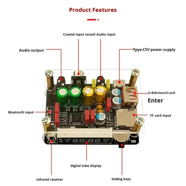 Alt view image 3 of 3 - ZK-DAM-K1 DC5V Preamp DSP Tuning for Bluetooth USB Sound Card Coaxial TF Decoder Board with TYPE-C Interface Electronic Module