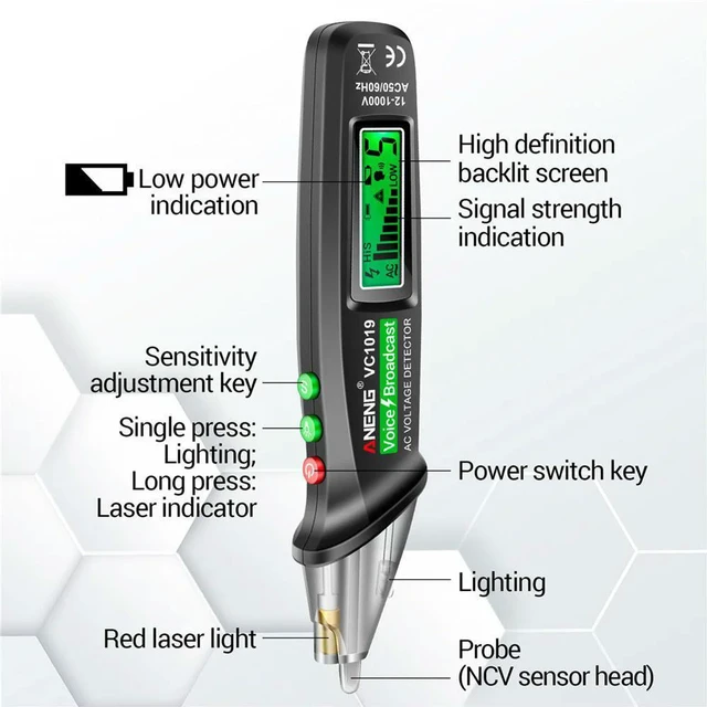Alt view image 3 of 3 - ANENG VC1019 ligent Voice Broadcast Tester Pen 12V-1000V Infrared Sensor Positioning Voltage Tester Electric Wire OEM