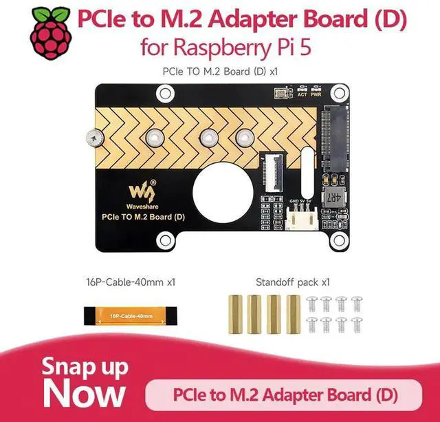 Main image of PCIe to M.2 Adapter Board (D) for Raspberry Pi 5, NVMe SSD Support, Compatible with 2280/2260/2242/2230 Sizes