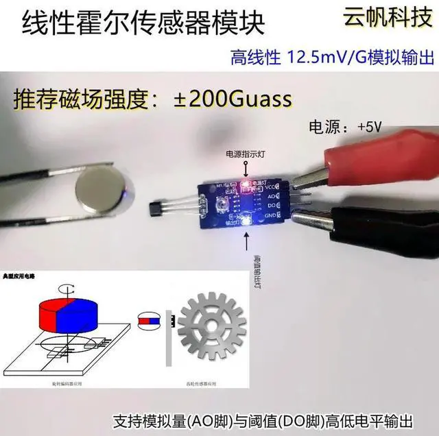 Alt view image 2 of 3 - Linear Hall Sensor Module High Sensitivity 12.5mV/G Analog Output Detects Magnetic Field Strength Supports Customization