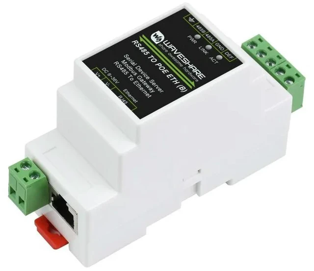 Alt view image 3 of 3 - Waveshare Industrial Serial Server, RS485 To RJ45 Ethernet, TCP/IP To Serial, Rail-Mount Support, With POE Function(Optional)