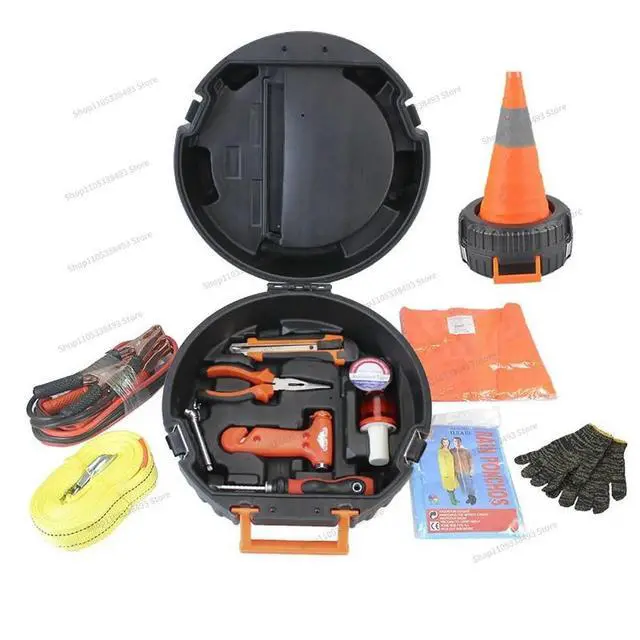 Alt view image 3 of 3 - For Car Hardware Toolbox, Road Cone Warning Light Reflective Clothing, Tire Pressure Pen, Multi-functional Car on-board Set