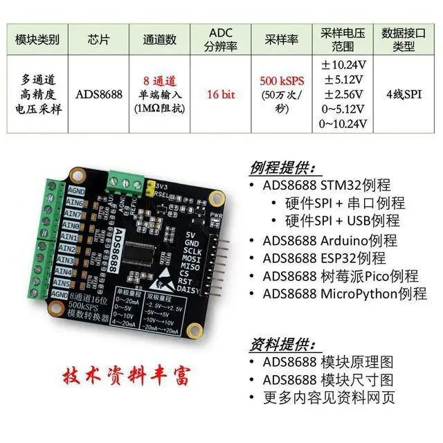Alt view image 3 of 3 - ADS8688 Module, 8-Channel 500 KSPS 16-Bit Analog-to-Digital Converter Module, Single/Dual Voltage Sampling