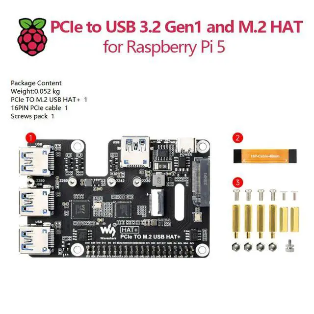 Alt view image 2 of 3 - PCIe to USB 3.2 Gen1 and M.2 HAT for Raspberry Pi 5, supports NVMe protocol solid state drives with high-speed reading.