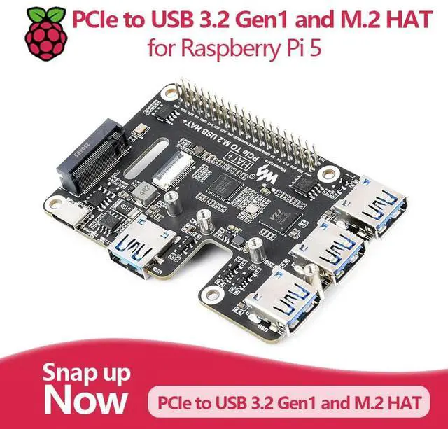 Main image of PCIe to USB 3.2 Gen1 and M.2 HAT for Raspberry Pi 5, supports NVMe protocol solid state drives with high-speed reading.