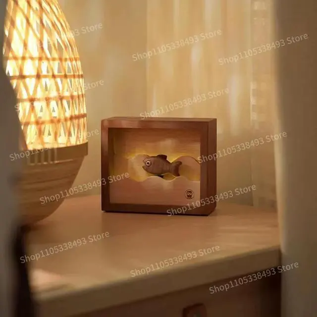 Alt view image 3 of 3 - For Small Fish Night Light, Creative Wooden Ornaments, Birthday, Holiday Gifts, Small Fish Rushing Forward Decoration