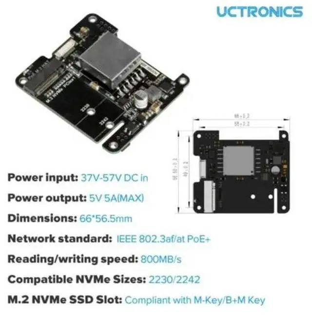 Alt view image 3 of 3 - UCTRONICS NVMe PoE+ HAT Pi 5, M.2 PCIe SSD Expansion Board, 5V 5A Power Ethernet Adapter
