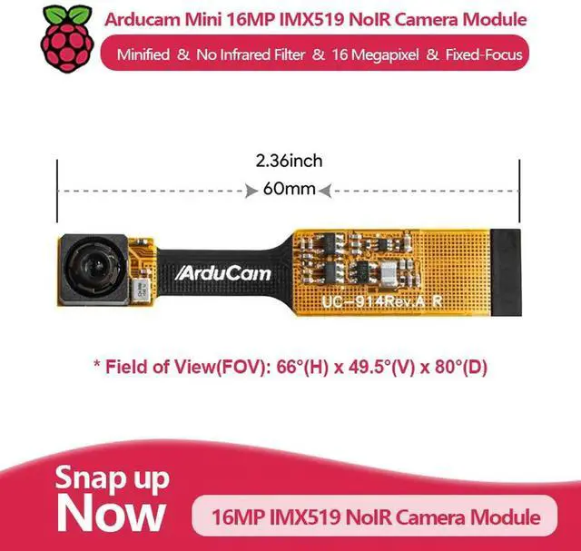 Main image of Arducam Mini 16MP IMX519 NoIR Camera Module, 16 Megapixel, compatible with Raspberry Pi 5 and Zero series