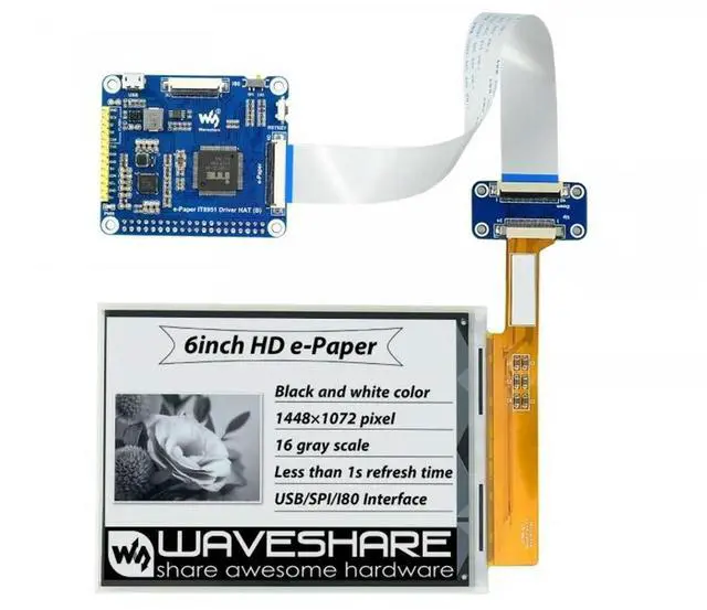 Main image of Waveshare 6inch HD e-Paper HAT 1448×1072 High Definition E-Ink Display HAT Black/White 16 Gray Scale