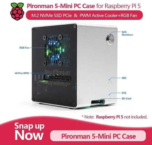 Main image of Pironman 5-Mini PC Case for Raspberry Pi 5 (Not Included), Supports M.2 NVMe SSD PCIe, with PWM Active Cooler+RGB Fan