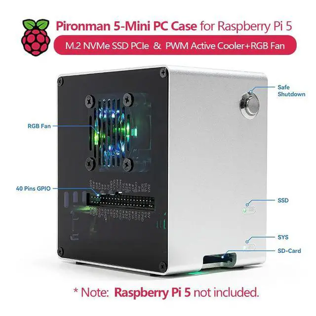 Alt view image 3 of 3 - Pironman 5-Mini PC Case for Raspberry Pi 5 (Not Included), Supports M.2 NVMe SSD PCIe, with PWM Active Cooler+RGB Fan