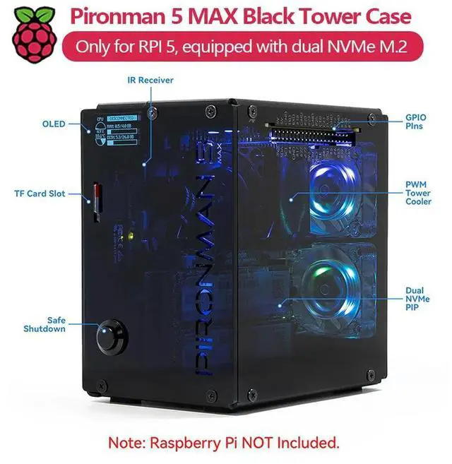 Alt view image 2 of 3 - Pironman 5 MAX, Black Tower Case for Raspberry Pi 5, Equipped with Dual NVMe M.2, Programmable RGB Lighting and Dual-Fan Coolers