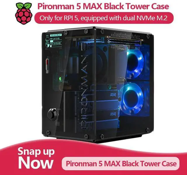 Main image of Pironman 5 MAX, Black Tower Case for Raspberry Pi 5, Equipped with Dual NVMe M.2, Programmable RGB Lighting and Dual-Fan Coolers