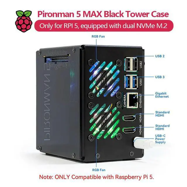 Alt view image 3 of 3 - Pironman 5 MAX, Black Tower Case for Raspberry Pi 5, Equipped with Dual NVMe M.2, Programmable RGB Lighting and Dual-Fan Coolers