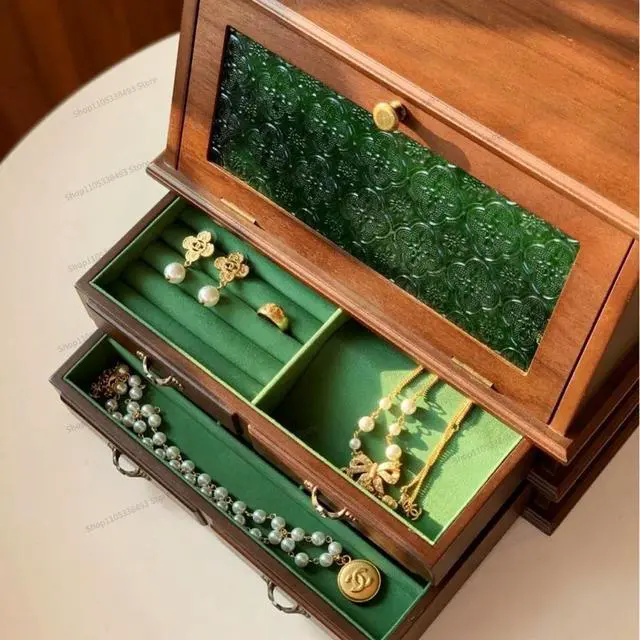 Alt view image 3 of 3 - For Solid Wood Large Capacity Wooden Black Walnut Jewelry Cabinet Jewelry Box Multi-layer Retro Box