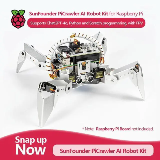 Main image of AI Robot Kit for RPI, supports ChatGPT-4o, Python/Scratch, and FPV (Pi not included), SunFounder PiCrawler AI Robot