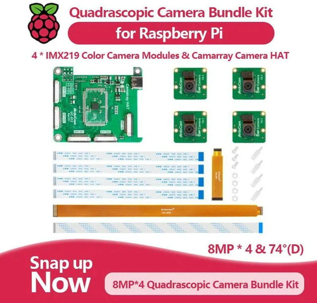 Main image of Quadrascopic Camera Bundle Kit for Raspberry Pi, Jetson Nano, Four IMX219 Color Camera Modules and Camarray Camera HAT