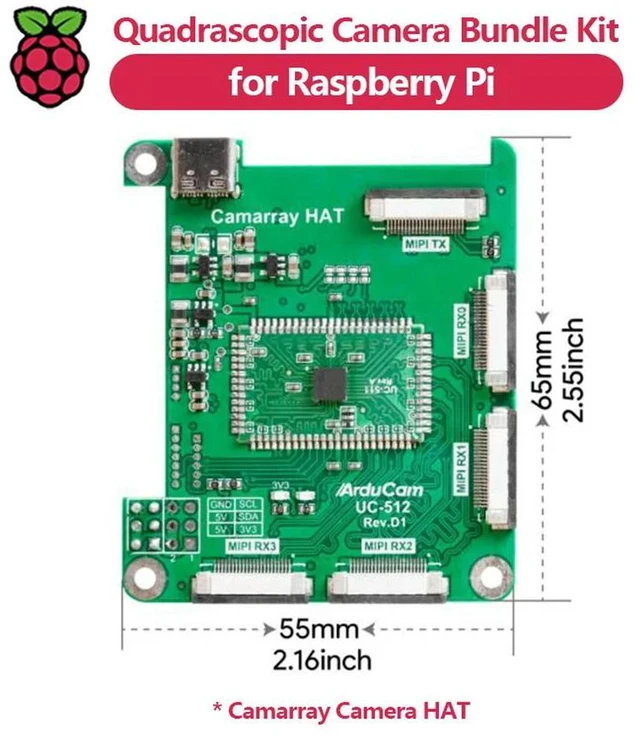 Alt view image 2 of 3 - Quadrascopic Camera Bundle Kit for Raspberry Pi, Jetson Nano, Four IMX219 Color Camera Modules and Camarray Camera HAT