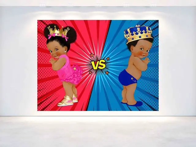 Alt view image 2 of 2 - Afro Gender Reveal Backdrop 5x3 FT Pink or Blue He or She Baby Shower Banner. Afrocentric Boy vs Girl Party Decorations. Cute Crown Baby Theme Photo Background