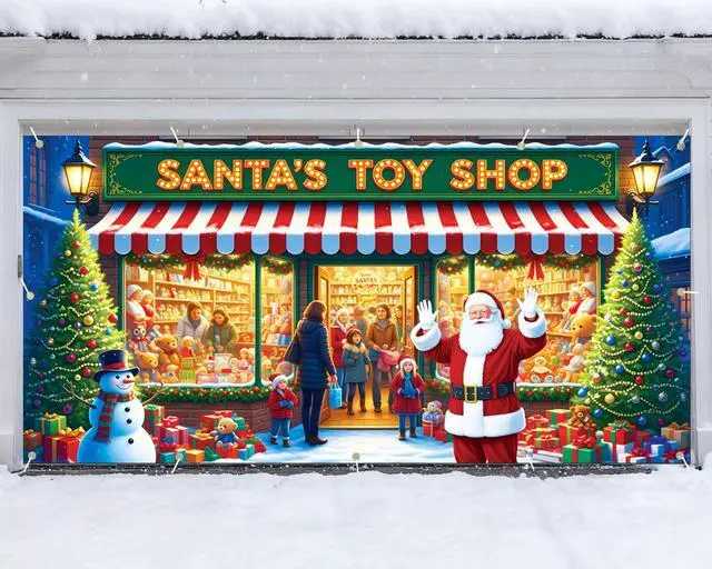 Main image of Santa's Workshop Garage Door Cover - 7x16Ft Christmas Holiday Decor with 4x6m Ribbon Strings | Polyester Santa & Elves Scene for Home, Church, Party Decorations | Durable, Reusable & Fade-Resistant