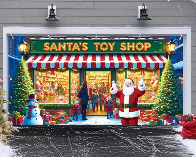 Alt view image 2 of 7 - Santa's Workshop Garage Door Cover - 7x16Ft Christmas Holiday Decor with 4x6m Ribbon Strings | Polyester Santa & Elves Scene for Home, Church, Party Decorations | Durable, Reusable & Fade-Resistant