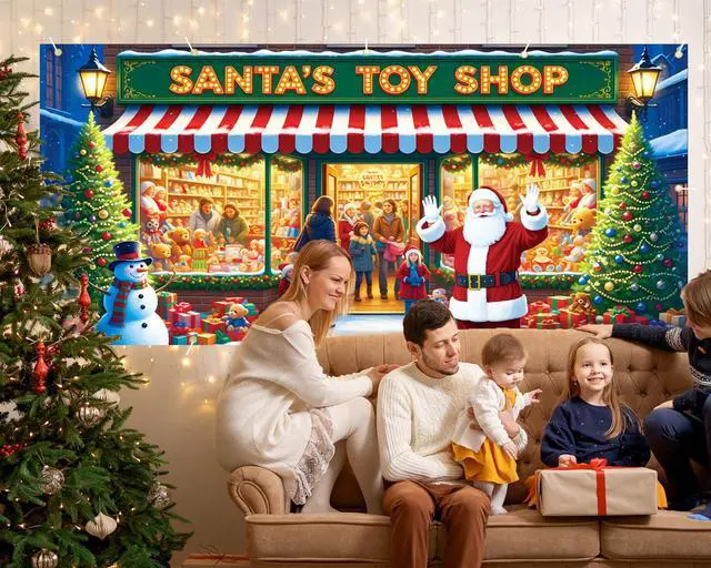 Alt view image 3 of 7 - Santa's Workshop Garage Door Cover - 7x16Ft Christmas Holiday Decor with 4x6m Ribbon Strings | Polyester Santa & Elves Scene for Home, Church, Party Decorations | Durable, Reusable & Fade-Resistant