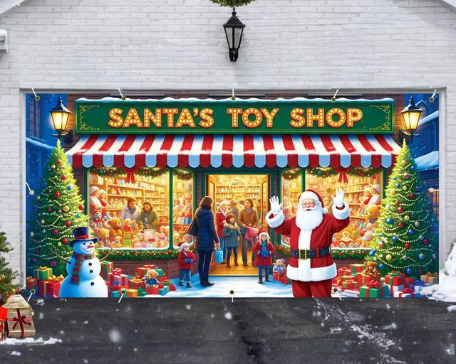 Alt view image 4 of 7 - Santa's Workshop Garage Door Cover - 7x16Ft Christmas Holiday Decor with 4x6m Ribbon Strings | Polyester Santa & Elves Scene for Home, Church, Party Decorations | Durable, Reusable & Fade-Resistant