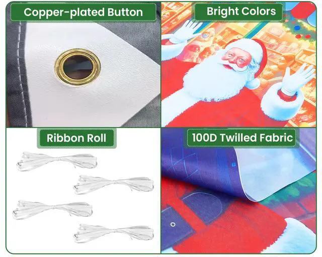 Alt view image 5 of 7 - Santa's Workshop Garage Door Cover - 7x16Ft Christmas Holiday Decor with 4x6m Ribbon Strings | Polyester Santa & Elves Scene for Home, Church, Party Decorations | Durable, Reusable & Fade-Resistant