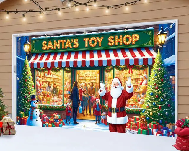 Alt view image 6 of 7 - Santa's Workshop Garage Door Cover - 7x16Ft Christmas Holiday Decor with 4x6m Ribbon Strings | Polyester Santa & Elves Scene for Home, Church, Party Decorations | Durable, Reusable & Fade-Resistant