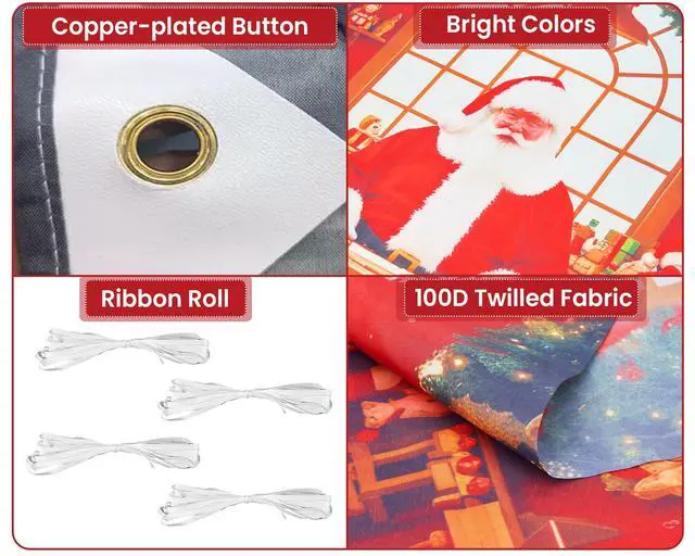 Alt view image 3 of 7 - Santa's Workshop Garage Door Cover - 7x16Ft Christmas Holiday Decor with 4x6m Ribbon Strings | Polyester Santa & Elves Scene for Home, Church, Party Decorations | Durable, Reusable & Fade-Resistant