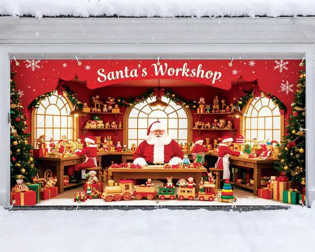 Alt view image 2 of 7 - Santa's Workshop Garage Door Cover - 7x16Ft Christmas Holiday Decor with 4x6m Ribbon Strings | Polyester Santa & Elves Scene for Home, Church, Party Decorations | Durable, Reusable & Fade-Resistant