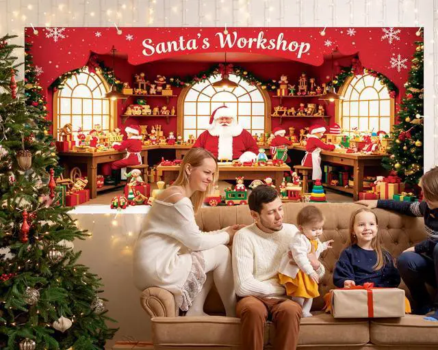 Alt view image 4 of 7 - Santa's Workshop Garage Door Cover - 7x16Ft Christmas Holiday Decor with 4x6m Ribbon Strings | Polyester Santa & Elves Scene for Home, Church, Party Decorations | Durable, Reusable & Fade-Resistant