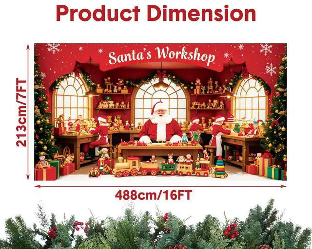Alt view image 5 of 7 - Santa's Workshop Garage Door Cover - 7x16Ft Christmas Holiday Decor with 4x6m Ribbon Strings | Polyester Santa & Elves Scene for Home, Church, Party Decorations | Durable, Reusable & Fade-Resistant