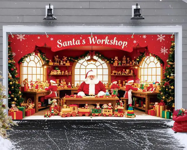 Alt view image 6 of 7 - Santa's Workshop Garage Door Cover - 7x16Ft Christmas Holiday Decor with 4x6m Ribbon Strings | Polyester Santa & Elves Scene for Home, Church, Party Decorations | Durable, Reusable & Fade-Resistant