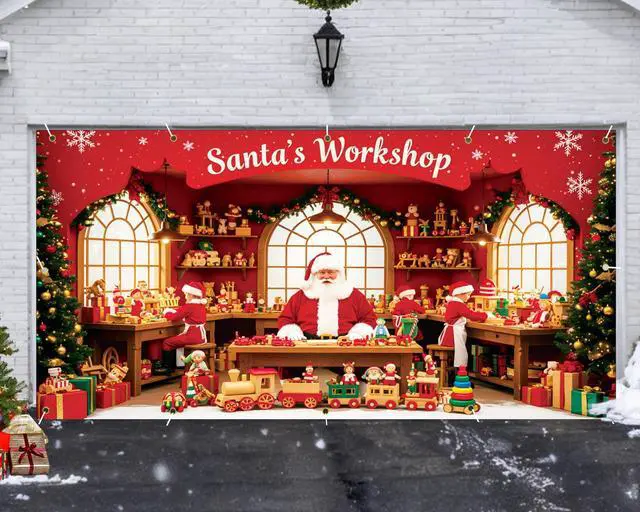 Alt view image 7 of 7 - Santa's Workshop Garage Door Cover - 7x16Ft Christmas Holiday Decor with 4x6m Ribbon Strings | Polyester Santa & Elves Scene for Home, Church, Party Decorations | Durable, Reusable & Fade-Resistant
