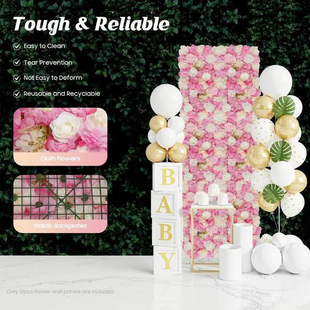 Alt view image 3 of 6 - 12Pcs Flower Wall Panel Set 15x15 Inch Artificial Silk Flower Wall Backdrop 3D Rose Hydrangea Floral Mat Wedding Backdrop Wall, Photo Background, Home Party (Pink+White, 15 × 15")