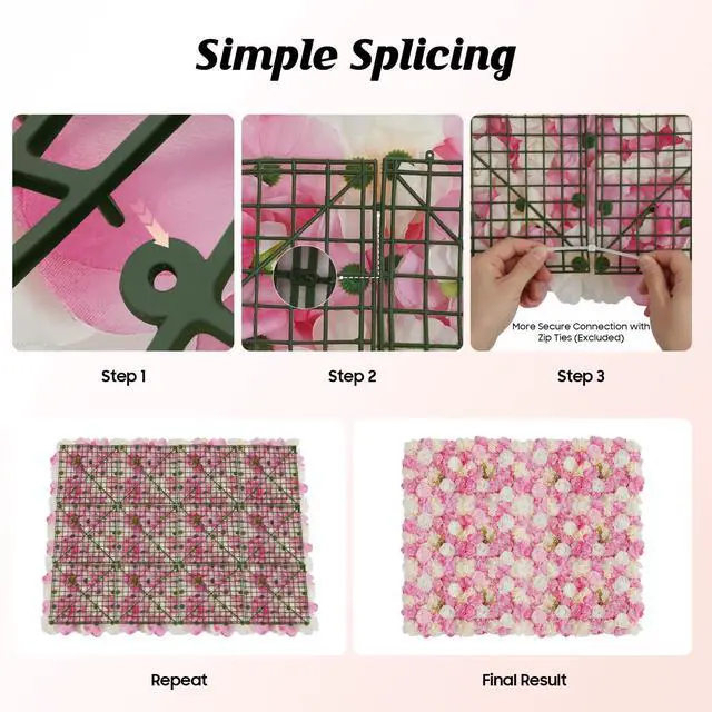 Alt view image 4 of 6 - 12Pcs Flower Wall Panel Set 15x15 Inch Artificial Silk Flower Wall Backdrop 3D Rose Hydrangea Floral Mat Wedding Backdrop Wall, Photo Background, Home Party (Pink+White, 15 × 15")