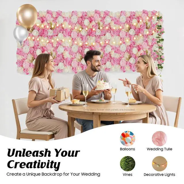 Alt view image 6 of 6 - 12Pcs Flower Wall Panel Set 15x15 Inch Artificial Silk Flower Wall Backdrop 3D Rose Hydrangea Floral Mat Wedding Backdrop Wall, Photo Background, Home Party (Pink+White, 15 × 15")