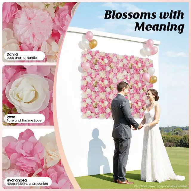 Alt view image 5 of 6 - 12Pcs Flower Wall Panel Set 15x15 Inch Artificial Silk Flower Wall Backdrop 3D Rose Hydrangea Floral Mat Wedding Backdrop Wall, Photo Background, Home Party (Pink+White, 15 × 15")