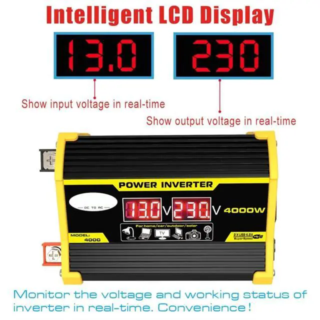 Alt view image 3 of 7 - Modified Sine Wave Inverter 4000 Watt 12V DC to 110V 220V AC Car Plug Adapter Converter with LED Display Fast Charging Dual USB Ports (Size: 12V-110V)